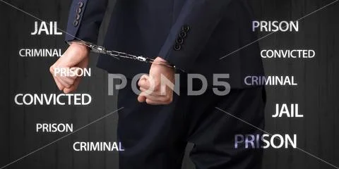 Close convicted with labels and handcuffs Stock Photos