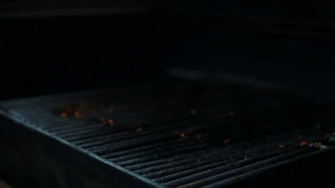 Close-up of cook cooks meat in a closed charcoal grill. Stock Footage 88574111