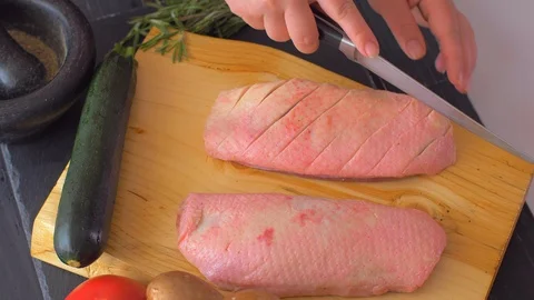 Close up of cook hands with a knife slicing duck breast meat. Video stock 110040429