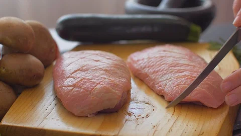 Close up of cook hands with a knife slicing duck breast meat. Video stock 110040948
