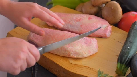 Close up of cook hands with a knife slicing duck breast meat. Video stock 110045967