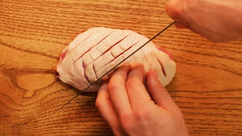 Close Up Of Cook Hands With A Knife Slicing Duck Breast Meat Video stock 146133655