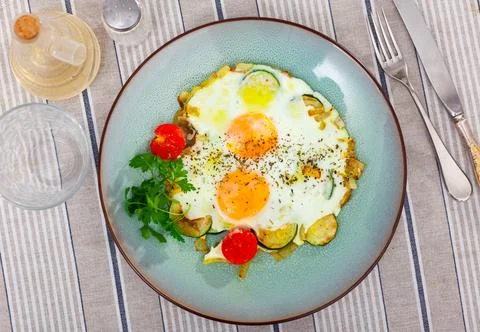 Close up of cooked eggs with zucchini at plate on table Stock Photos