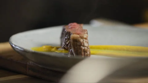 Close up of cooked meat sitting on sauce on a plate Stock Footage 274620565