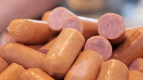 Close-up of Cooked Mini Sausages or Frankfurters, Ready to Eat Stockbeeldmateriaal 331955655