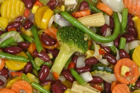 Close up of cooked mixed vegetables with broccoli Stock Photos