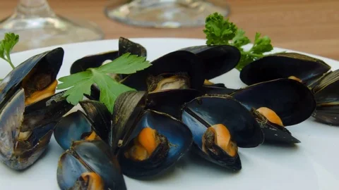 Close-up of cooked mussels with shells Stock Footage