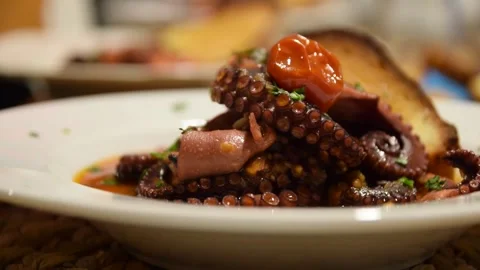 Close Up of Cooked Octopus Tentacles on Plate with Sauce and Toasted Bread Stock Footage 331948301