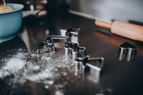 Close up of cookie cutters in the kitchen Stock Photos