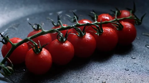 Close up of cooking a branch of cherry tomatoes in a frying pan. Stock Footage 341220751