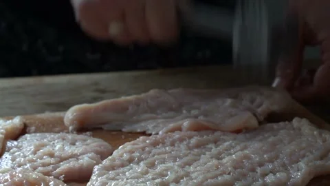 Close up, cooking chops, slicing, chopping, frying at home Stock Footage 131032140
