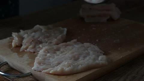 Close up, cooking chops, slicing, chopping, frying at home Stock Footage 131032359