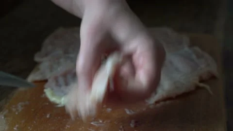 Close up, cooking chops, slicing, chopping, frying at home Stock Footage 131032695