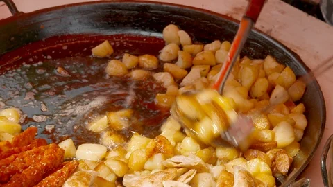 Close Up Cooking Pan of Potatos and Meat in China Stock Footage 120526041