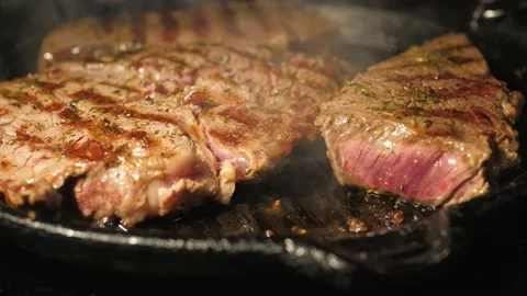 Close-Up Of Cooking Steaks Meat On A Grill Pan In Kitchen Stock Footage 135256849
