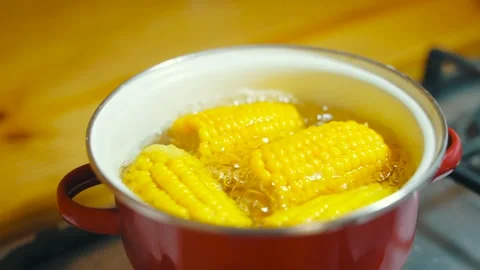 Close up of cooking yellow corn cobs in boiling water in a red enameled opened Stock Footage 263626799