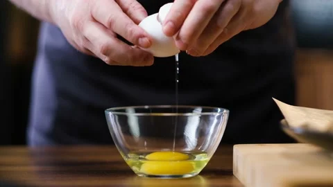 Close-Up, cook's hands Break Egg in a glass dish Video stock 187667809