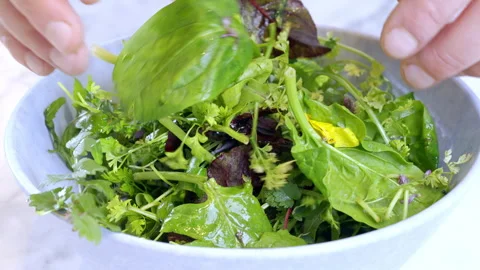 Close-up of the cook's hands as he mixes the salad in a bowl. Slow motion video. Stock Footage 273339509