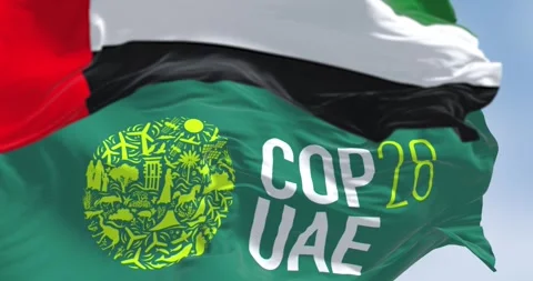 Close-up of COP28 and UAE flags waving on a clear day. Stock Footage 257009716
