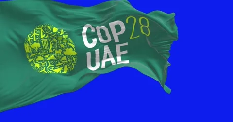 Close-up of COP28 flag waving on blue screen Stock-Footage 259671372