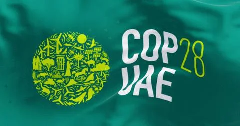 Close-up of COP28 flag waving Stock Illustration