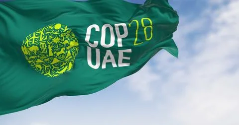 Close-up of COP28 flag waving Stock Illustration