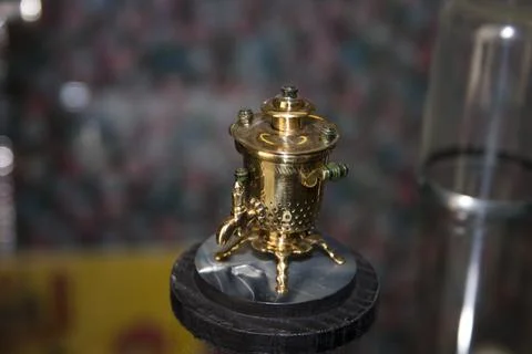 Close-up of a copper samovar in a shop window Stock Photos