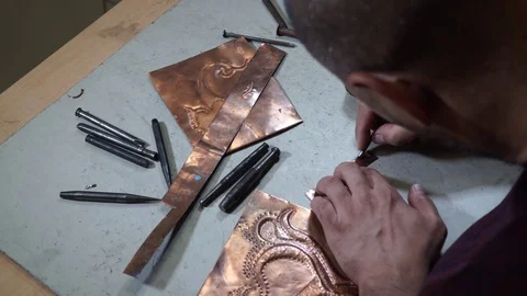 Close-up copper-smith work. Art smiting work progress   Stock Footage 82623734