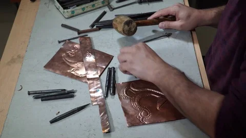 Close-up copper-smith work. Art smiting work progress   Stock Footage 82623856