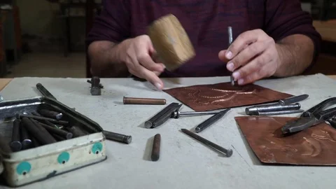 Close-up copper-smith work. Art smiting work progress   Stock Footage 82624139