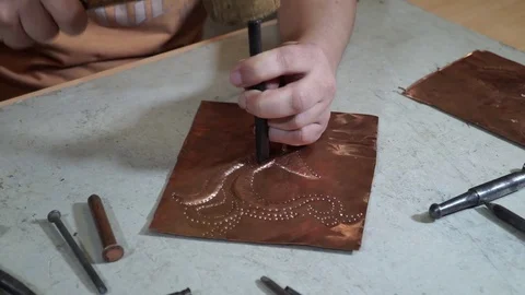 Close-up copper-smith work. Art smiting work progress   Stock Footage 82628914
