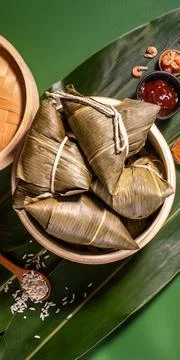 Close up, copy space, top view, flat lay. Famous asian chinese tasty handmade Stock Photos