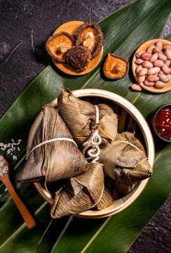 Close up, copy space, top view, flat lay. Famous asian chinese tasty handmade Stock Photos