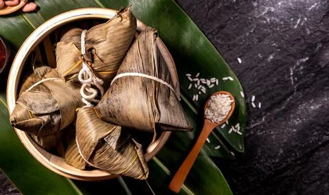 Close up, copy space, top view, flat lay. Famous asian chinese tasty handmade Stock Photos