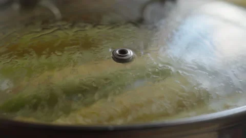 Close-up, corn cobs boiling in pot under glass lid on kitchen stove Stock-Footage 337118684