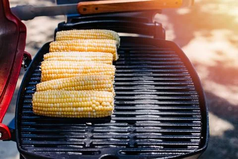 Close-up of corn on the grill. 스톡 사진