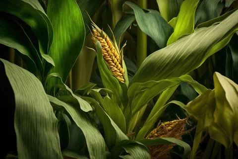 A close up of cornfields. corn leaves in green. In an Italian garden, maize Stock Illustration