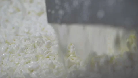 Close Up Of Cottage Cheese Falling Down On Production Process Conveyor Stock Footage 264651612