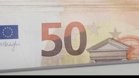 Close up of counting machine processing 50 Euro banknotes Stock Footage 336206351