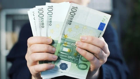 Close up of counting money. Nominal of 100 euro notes counting. Business bills m Stock Footage 121776566