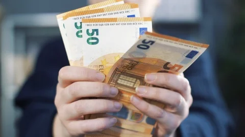 Close up of counting money. Nominal of 50 euro notes counting. Business bills mo Stock Footage 121776387
