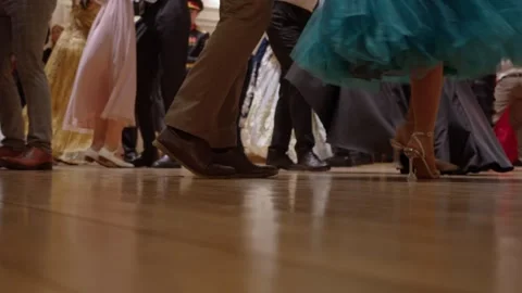 Close-up of couples legs dancing at waltz ball, dressed in vintage shoes and Stock Footage 296821863