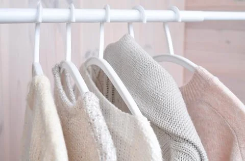 Close up of cozy warm sweaters copy space Stock Photos