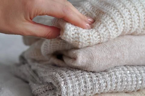 Close up of cozy warm sweaters copy space Stock Photos