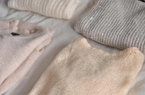 Close up of cozy warm sweaters copy space Stock Photos