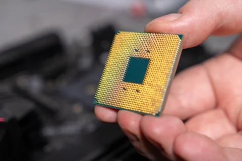 Close-up of a cpu being held in hand during installation on a computer mother Stock Photos