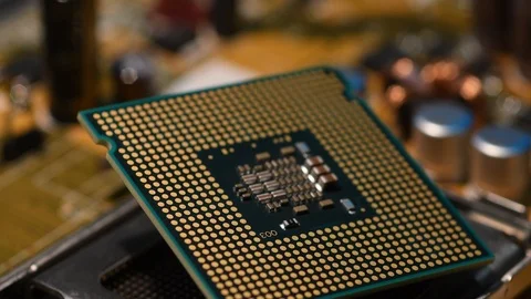 Close up of CPU Chip Microprocessor on PC Motherboard. Video stock 95065629