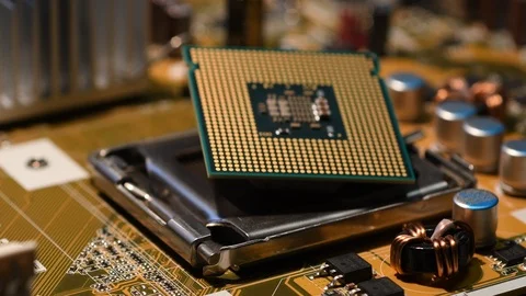 Close up of CPU Chip Microprocessor on PC Motherboard. Video stock 95067205