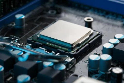 Close-up of CPU Chip Processor. Selective Focus 스톡 사진