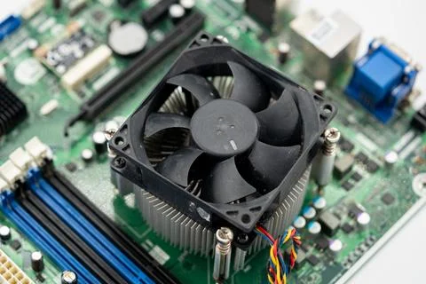 Close up of CPU cooling fan on computer motherboard Stock Photos